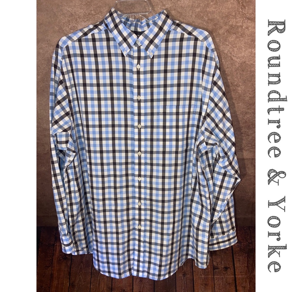 Roundtree & Yorke Easy Care LS shirt-blue/black/white check pattern-size 2XT-EUC